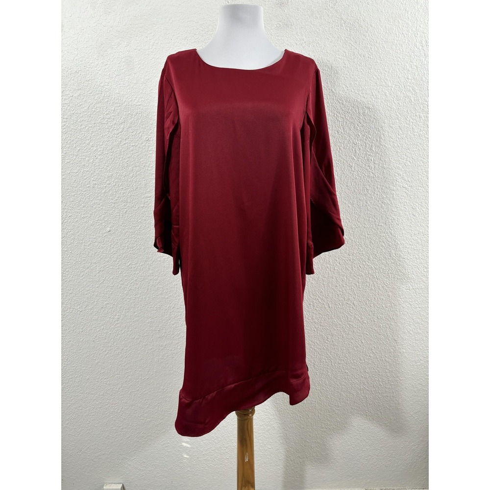 Pleione Dress Womens Medium Maroon Mini Shift 3/4 Split Sleeve‎ Scoop Neck Work